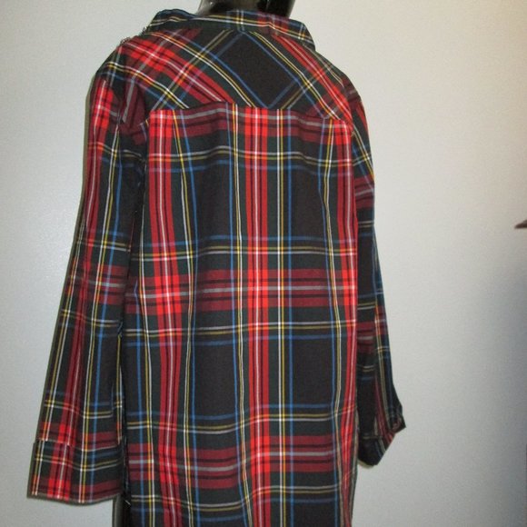 J.Crew 100% cotton deep red tartan plaid rhinestone button shoulder tunic - Picture 7 of 9